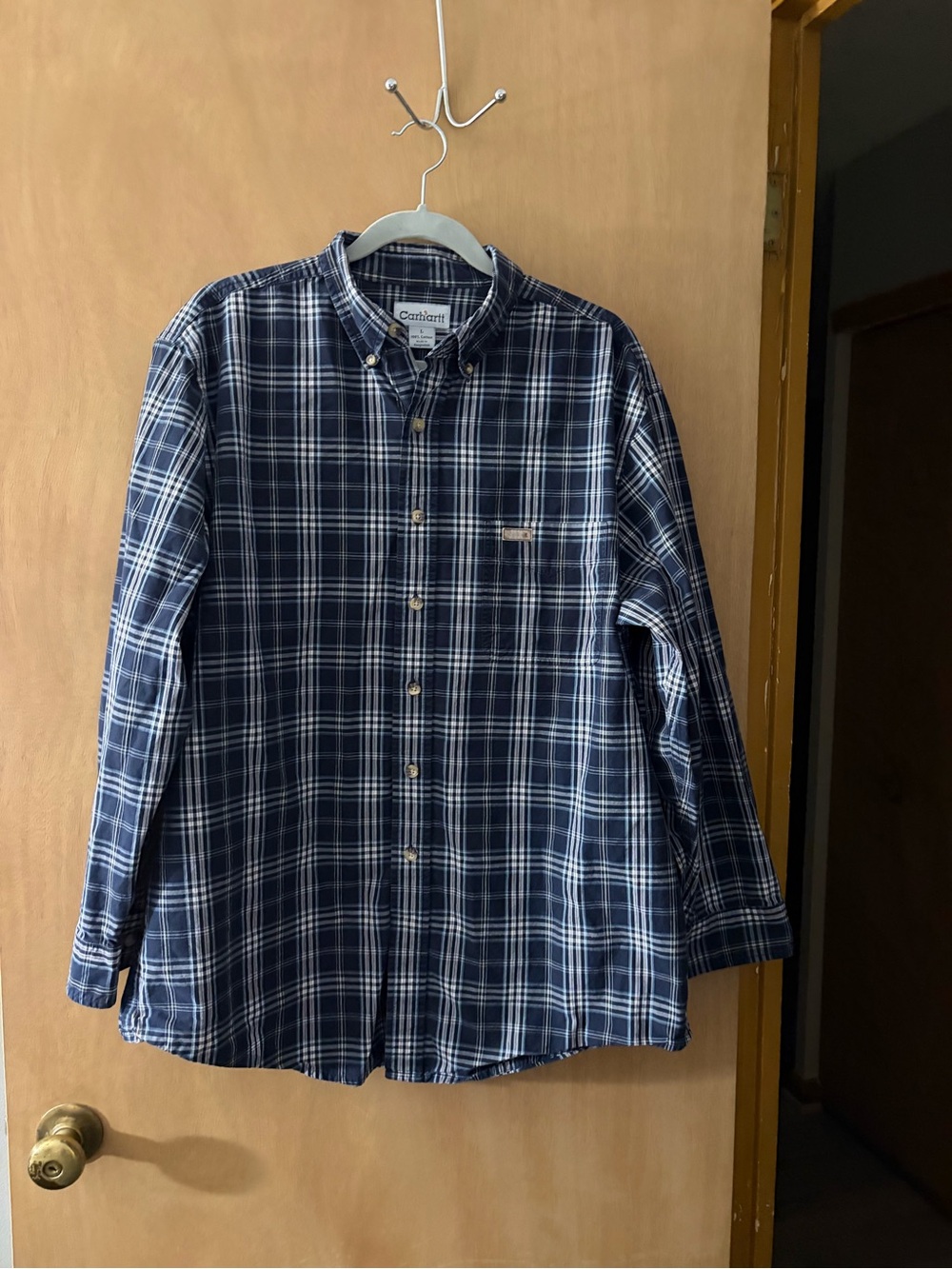Carhartt Men's Navy and White Plaid Long-Sleeve Button-Down Shirt